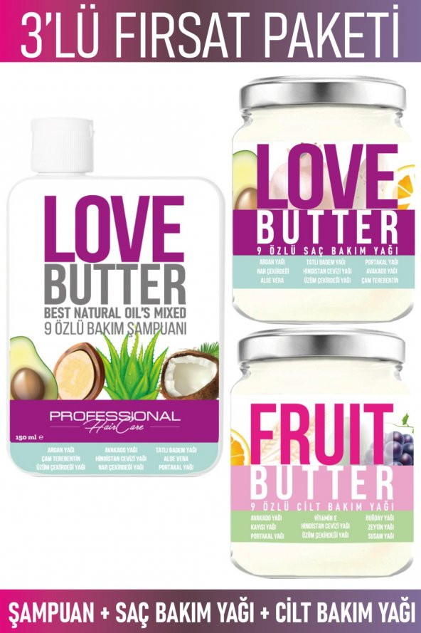 LoveButter Saç ve FruitButter Cilt Bakım Seti (9 Özlü Saç Bakım Yağı ve Şampuanı-Cilt Bakım Yağı)