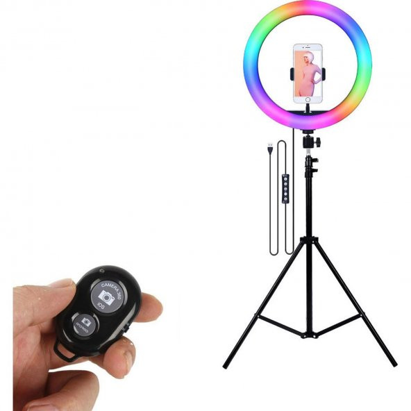 Bluetooth Kumandalı 33 cm RGB Youtuber Tiktok Makyaj Renkli Işık+ 210 cm Tripod