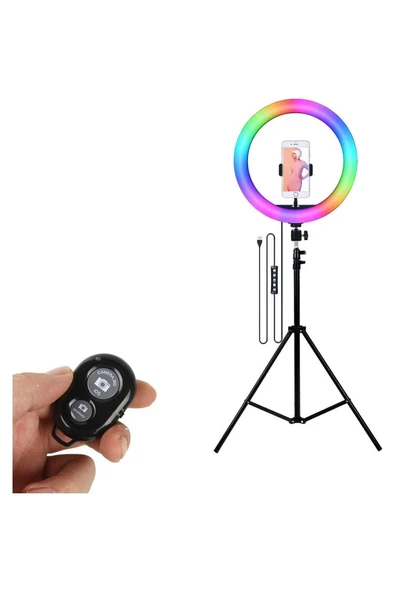 Bluetooth Kumandalı 33 cm RGB Youtuber Tiktok Makyaj Renkli Işık+ 210 cm Tripod