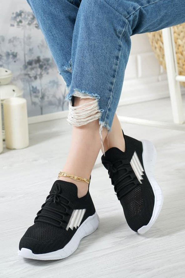 Unisex Beyaz Siyah Ultra Hafif Triko Spor Ayakkabı Sneaker Siyah Beyaz - 2