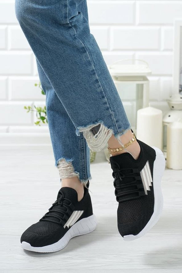 Unisex Beyaz Siyah Ultra Hafif Triko Spor Ayakkabı Sneaker Siyah Beyaz - 4