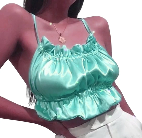 ASM0280 Bayan Su Yeşili Kare Pecete Saten Suit Büstier