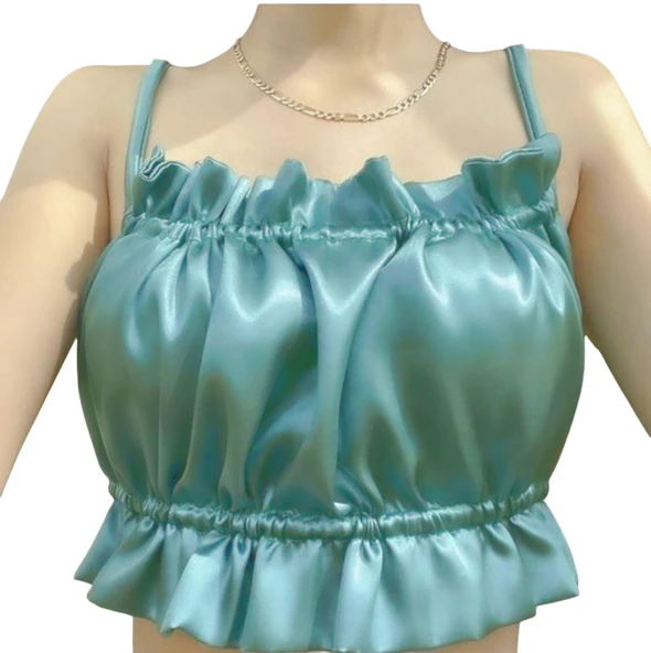 ASM0280 Bayan Su Yeşili Kare Pecete Saten Suit Büstier - 3