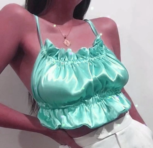 ASM0280 Bayan Su Yeşili Kare Pecete Saten Suit Büstier - 6