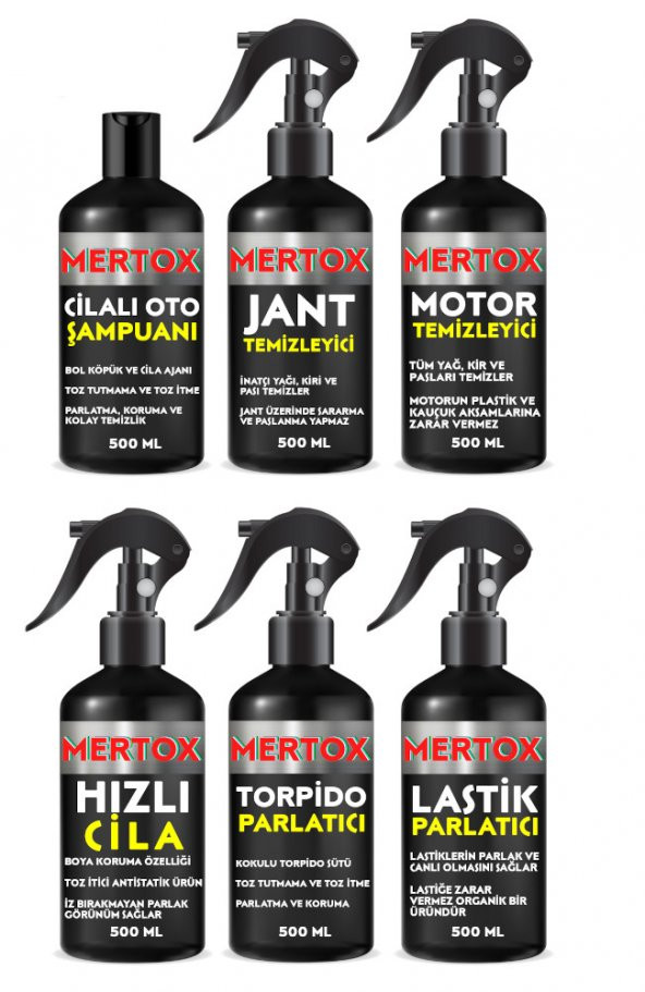 MERTOX ARAÇ ARABA OTOMOBİL OTO TEMİZLİK SETİ OTO ŞAMPUANI+JANT-MOTOR TEMİZLEYİCİ+HIZLI CİLA+TORPİDO+LASTİK PARLATICI 6X500ML