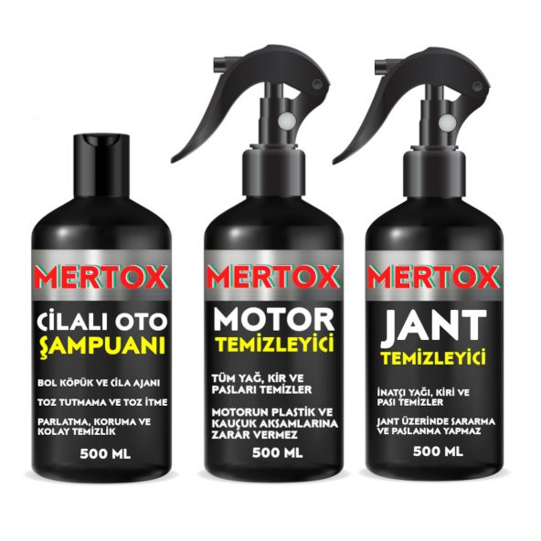 MERTOX ARAÇ ARABA OTOMOBİL OTO TEMİZLİK SETİ ÜRÜNLERİ CİLALI OTO ŞAMPUANI+MOTOR+JANT TEMİZLEYİCİ 3X500ML MALZEMELERİ