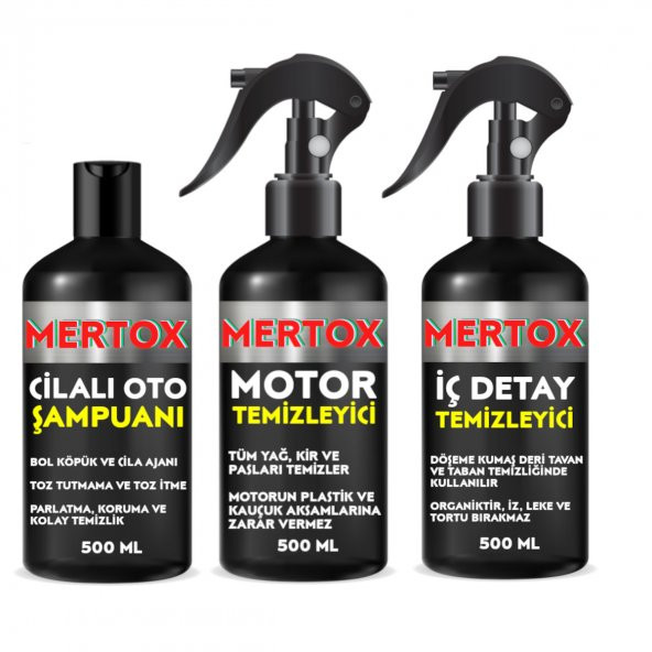 MERTOX ARAÇ ARABA OTOMOBİL OTO TEMİZLİK SETİ ÜRÜNLERİ CİLALI OTO ŞAMPUANI+MOTOR+İÇ DETAY TEMİZLEYİCİ 3X500ML MALZEMELERİ