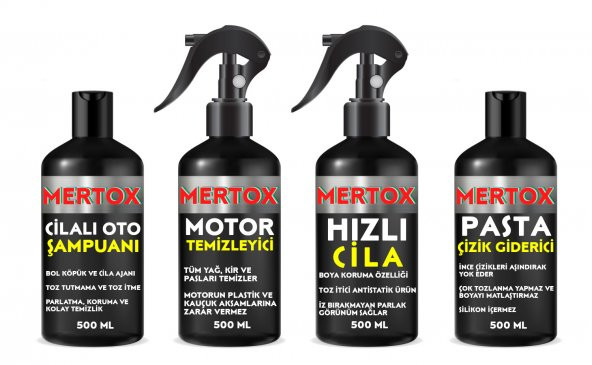 MERTOX ARAÇ ARABA OTOMOBİL OTO TEMİZLİK SETİ ÜRÜNLERİ OTO ŞAMPUANI+MOTOR TEMİZLEYİCİ+HIZLI CİLA+İNCE PASTA 4X500ML