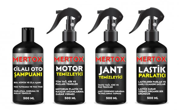 MERTOX ARAÇ ARABA OTOMOBİL OTO TEMİZLİK SETİ ÜRÜNLERİ MOTOR JANT TEMİZLEYİCİ OTO ŞAMPUANI VE LASTİK PARLATICI 4X500ML