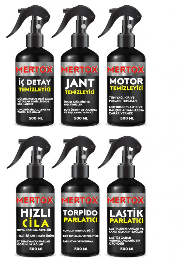 MERTOX ARAÇ ARABA OTOMOBİL OTO TEMİZLİK SETİ İÇ DETAY+JANT-MOTOR TEMİZLEYİCİ+HIZLI CİLA+TORPİDO+LASTİK PARLATICI 6X500ML