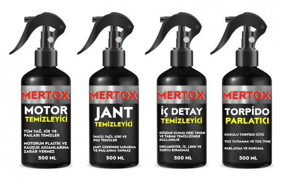 MERTOX ARAÇ ARABA OTOMOBİL OTO TEMİZLİK SETİ ÜRÜNLERİ MOTOR JANT İÇ DETAY TEMİZLEYİCİ VE TORPİDO PARLATICI SÜT 4X500ML