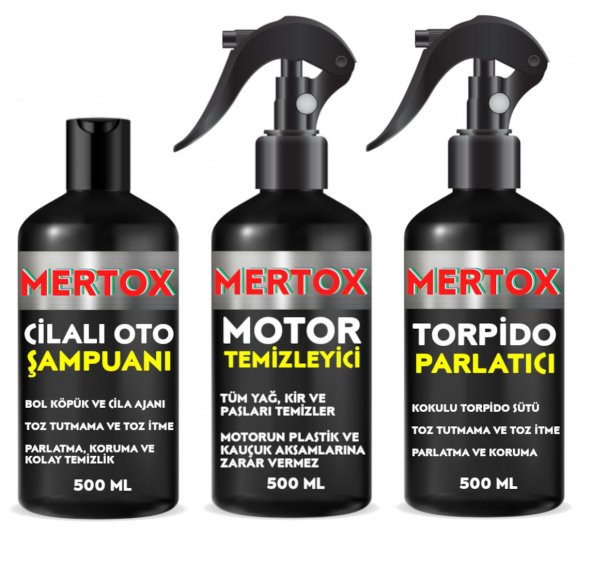 MERTOX ARAÇ ARABA OTOMOBİL OTO TEMİZLİK SETİ ÜRÜNLERİ CİLALI OTO ŞAMPUANI+MOTOR+TORPİDO PARLATICI 3X500ML MALZEMELERİ