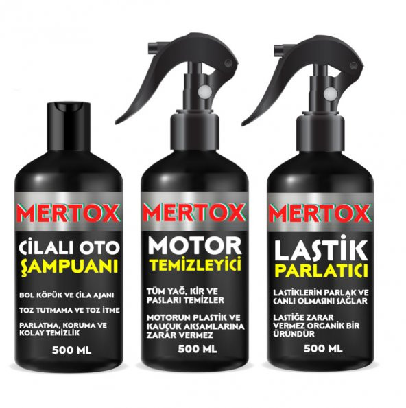 MERTOX ARAÇ ARABA OTOMOBİL OTO TEMİZLİK SETİ ÜRÜNLERİ CİLALI OTO ŞAMPUANI+MOTOR+LASTİK PARLATICI 3X500ML MALZEMELERİ