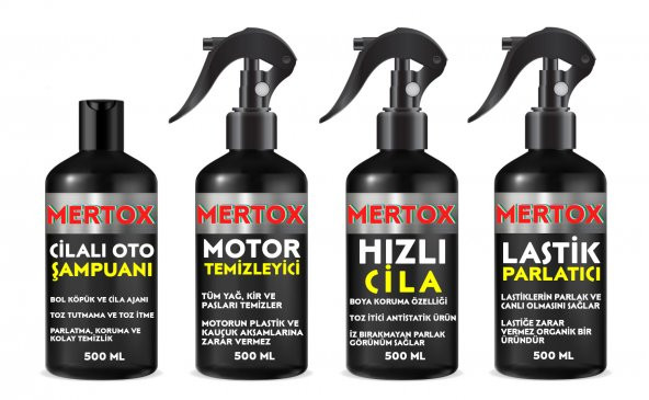 MERTOX ARAÇ ARABA OTOMOBİL OTO TEMİZLİK SETİ ÜRÜNLERİ OTO ŞAMPUANI+MOTOR TEMİZLEYİCİ+HIZLI CİLA+LASTİK PARLATICI 4X500ML