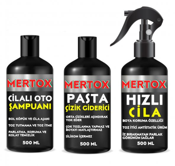 MERTOX ARAÇ ARABA OTOMOBİL OTO TEMİZLİK SETİ ÜRÜNLERİ CİLALI OTO ŞAMPUANI+İNCE PASTA+HIZLI CİLA 3X500ML MALZEMELERİ