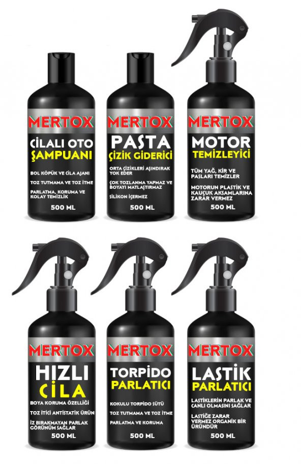 MERTOX ARAÇ ARABA OTOMOBİL OTO TEMİZLİK SETİ OTO ŞAMPUANI+PASTA+MOTOR+HIZLI CİLA+TORPİDO+LASTİK 6X500ML