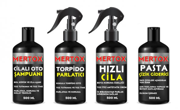 MERTOX ARAÇ ARABA OTOMOBİL OTO TEMİZLİK SETİ ÜRÜNLERİ OTO ŞAMPUANI+TORPİDO PARLATICI+HIZLI CİLA+İNCE PASTA 4X500ML