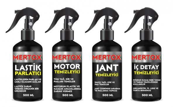 MERTOX ARAÇ ARABA OTOMOBİL OTO TEMİZLİK SETİ ÜRÜNLERİ MOTOR JANT İÇ DETAY TEMİZLEYİCİ VE LASTİK PARLATICI 4X500ML