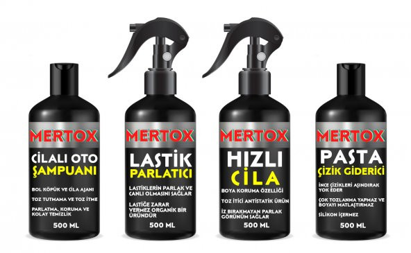 MERTOX ARAÇ ARABA OTOMOBİL OTO TEMİZLİK SETİ ÜRÜNLERİ OTO ŞAMPUANI+LASTİK PARLATICI+HIZLI CİLA+İNCE PASTA 4X500ML