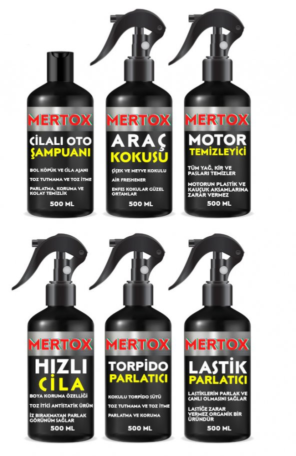 MERTOX ARAÇ ARABA OTOMOBİL OTO TEMİZLİK SETİ OTO ŞAMPUANI+ARAÇ KOKUSU+MOTOR+HIZLI CİLA+TORPİDO+LASTİK 6X500ML