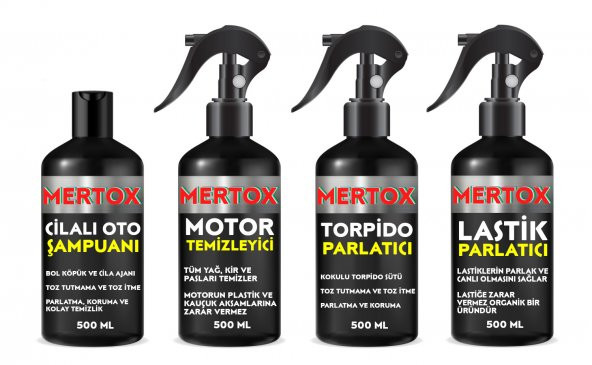 MERTOX ARAÇ ARABA OTOMOBİL OTO TEMİZLİK SETİ ÜRÜNLERİ OTO ŞAMPUANI MOTOR TEMİZLEYİCİ TORPİDO+LASTİK PARLATICI 4X500ML