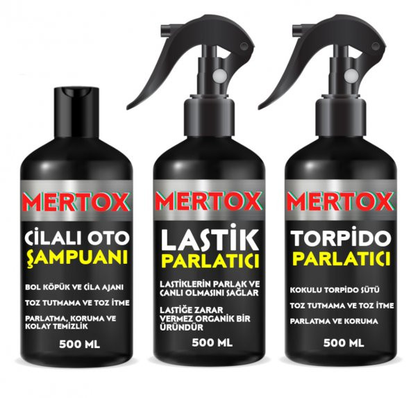 MERTOX ARAÇ ARABA OTOMOBİL OTO TEMİZLİK SETİ ÜRÜNLERİ CİLALI OTO ŞAMPUANI+LASTİK+TORPİDO PARLATICI 3X500ML MALZEMELERİ