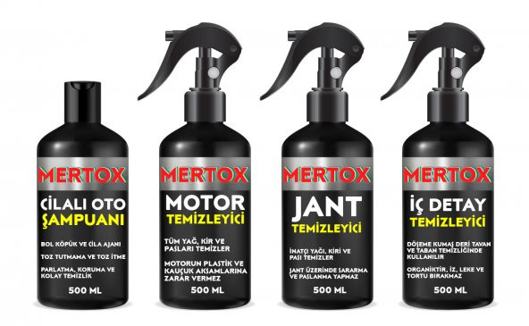 MERTOX ARAÇ ARABA OTOMOBİL OTO TEMİZLİK SETİ ÜRÜNLERİ MOTOR JANT İÇ DETAY TEMİZLEYİCİ OTO ŞAMPUANI 4X500ML