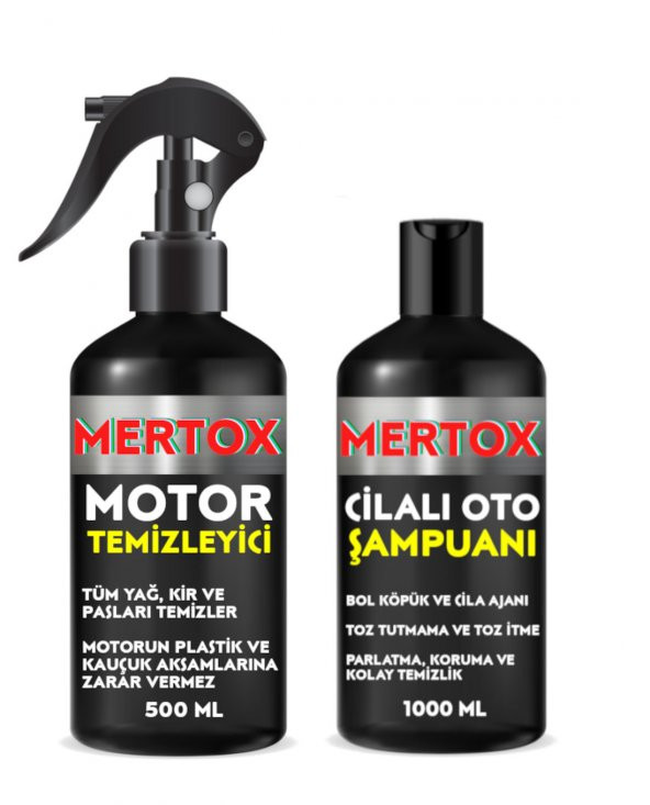 MERTOX ARAÇ ARABA OTOMOBİL OTO TEMİZLİK SETİ ÜRÜNLERİ - MOTOR TEMİZLEYİCİ + CİLALI OTO ŞAMPUANI 2X500ML  MALZEMELERİ