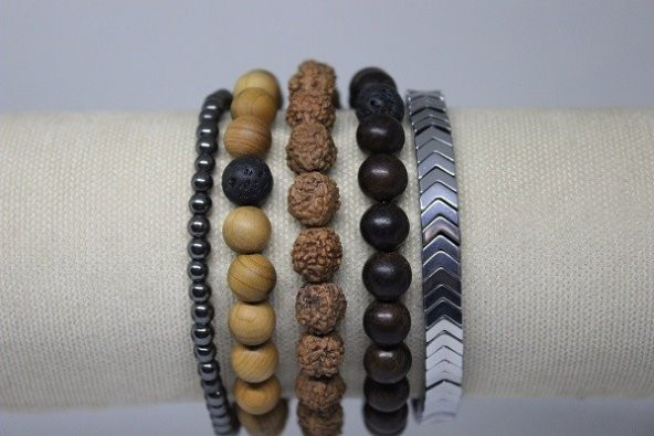 Hematit Doğal Taşlı & Ahşap Boncuklu Erkek Bileklik 5li  Set (Sınırlı sayıda üretim) ürün görseli