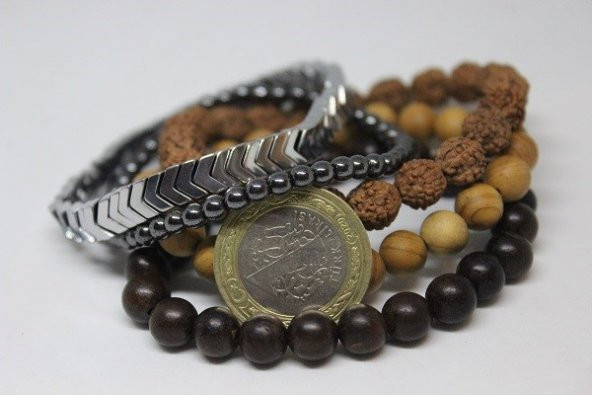 Hematit Doğal Taşlı & Ahşap Boncuklu Erkek Bileklik 5li  Set (Sınırlı sayıda üretim) - Resim 2