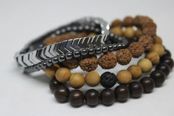 Hematit Doğal Taşlı & Ahşap Boncuklu Erkek Bileklik 5li  Set (Sınırlı sayıda üretim) - Resim 3