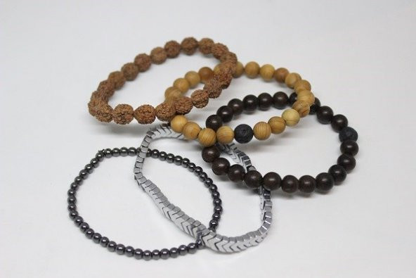 Hematit Doğal Taşlı & Ahşap Boncuklu Erkek Bileklik 5li  Set (Sınırlı sayıda üretim) - Resim 4