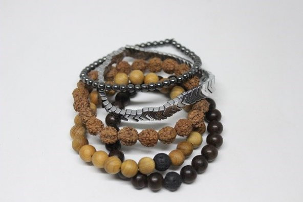 Hematit Doğal Taşlı & Ahşap Boncuklu Erkek Bileklik 5li  Set (Sınırlı sayıda üretim) - Resim 5