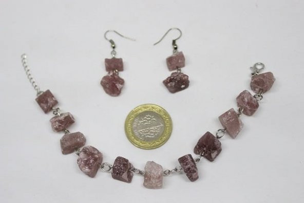 Kırmızı Kuvars Ham Taş Bileklik & Küpe Seti - 4