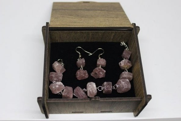 Kırmızı Kuvars Ham Taş Bileklik & Küpe Seti - 6