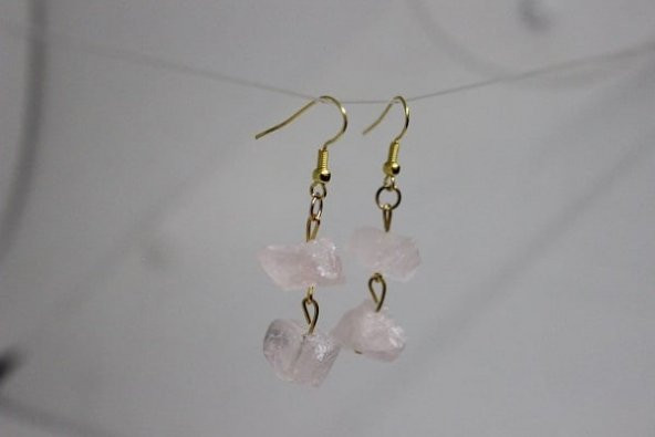 Pembe Kuvars Ham Taş Bileklik & Küpe Seti (açık pembe ) - 2