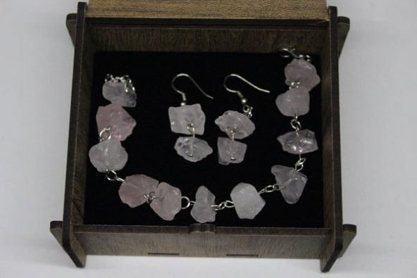 Pembe Kuvars Ham Taş Bileklik & Küpe Seti (açık pembe ) - 4