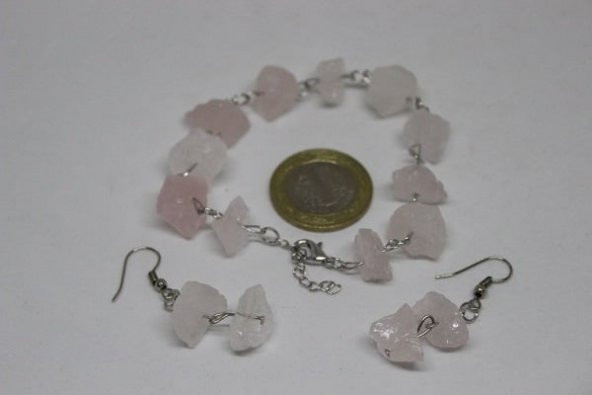 Pembe Kuvars Ham Taş Bileklik & Küpe Seti (açık pembe ) - 5