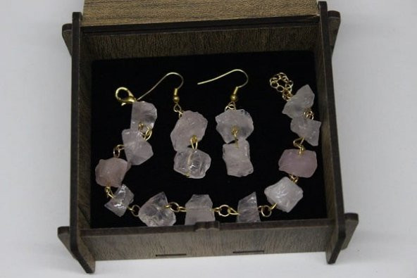 Pembe Kuvars Ham Taş Bileklik & Küpe Seti (açık pembe ) - 4