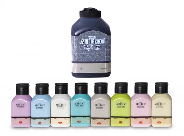 Artdeco Akrilik Boya 8x75ml Pastel Smoky + Siyah 500ml Set ürün görseli