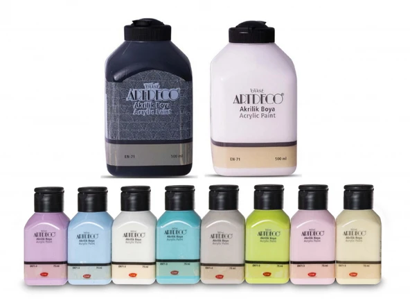 Artdeco Akrilik Boya 8x75ml Pastel Smoky + BEYAZ + SİYAH 500ml 10 Renk Set ürün görseli
