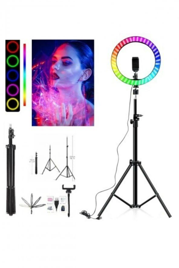 10 inç 26 cm RGB Çok Renkli LED Make Up Selfie Işığı ve 210 cm Tripot Selfie Çubuğu Tiktok Işığı
