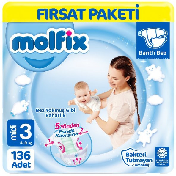 Molfix Bebek Bezi 3 Beden Fırsat Paketi 68x2 136 Adet