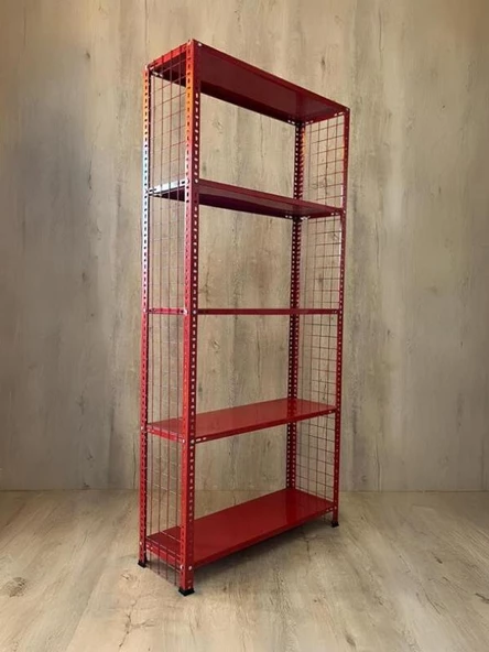 5 Katlı Renkli Tel Kafes Çelik Raf - Dekoratif Raf  Kırmızı 31x93 cm 200 cm ürün görseli