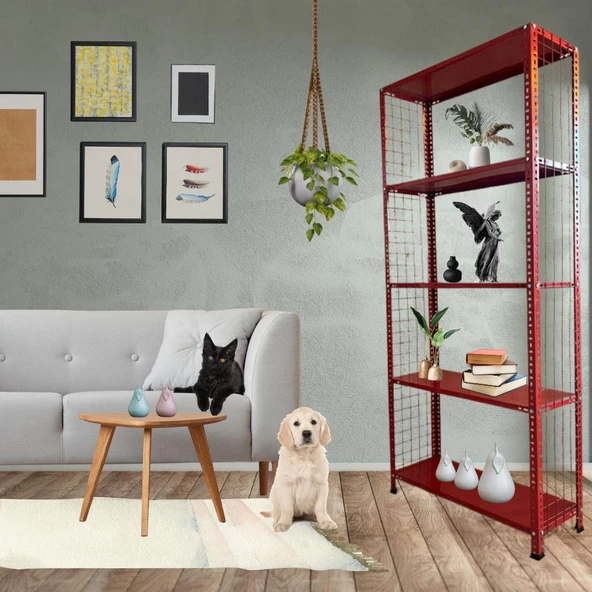 5 Katlı Renkli Tel Kafes Çelik Raf - Dekoratif Raf  43x60 Kırmızı 200 cm