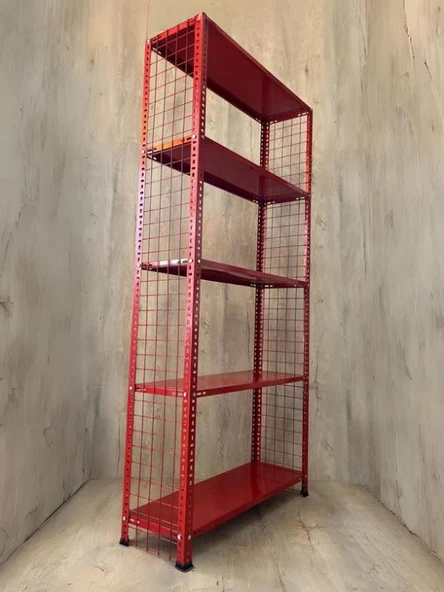 5 Katlı Renkli Tel Kafes Çelik Raf - Dekoratif Raf  43x75 cm Kırmızı 200 cm - 2