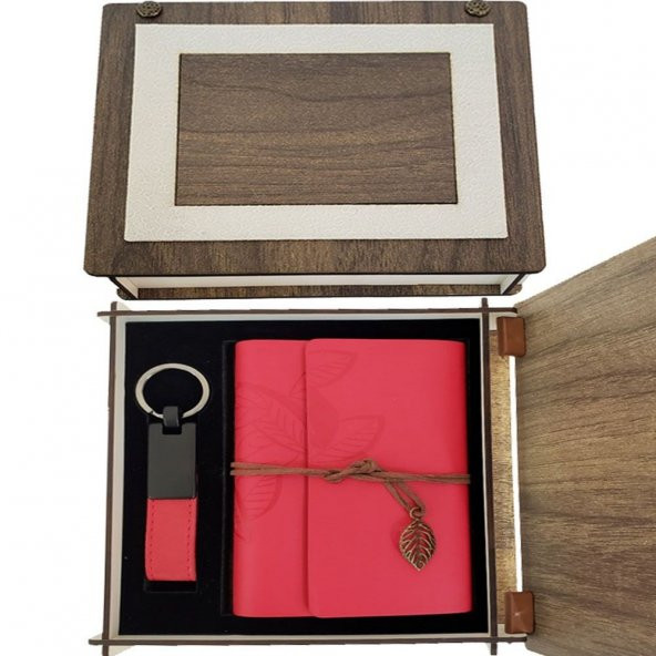 özel Ahşap Kutulu Kırmızı Deri Defter Ve Anahtarlık Set - 1