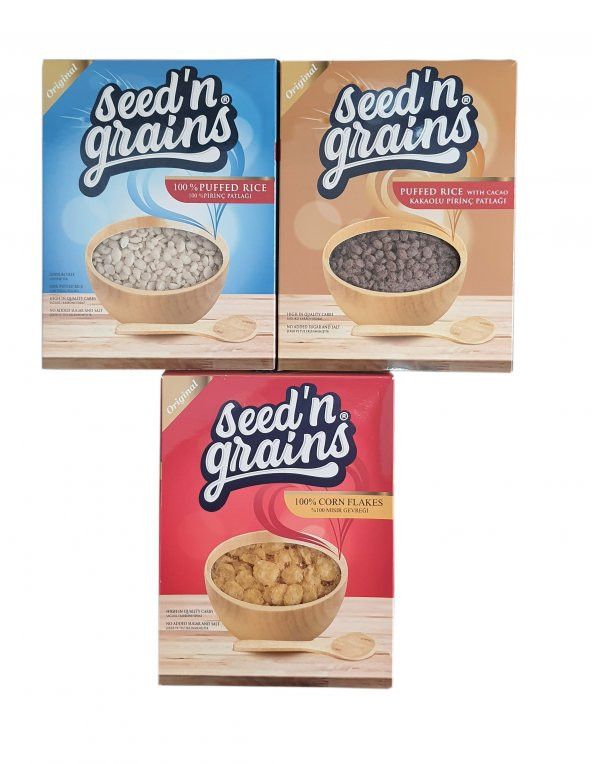 Seedn Grains Şekersiz 3’lü Atıştırmalık Set Mısır Gevreği, Sade ve Kakaolu Pirinç Patlağı 3 Adet