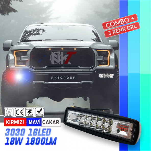 NKT GROUP 10 Led 18 W 3 Modlu Kırmızı Mavi Beyaz Flashlı Gündüz Ledi Off Road Far Çalışma Lambası Sis Lambası