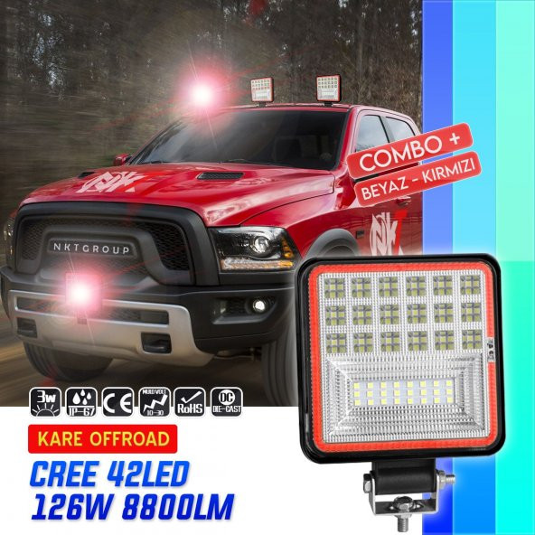 NKT GROUP 42 Led 126 W Beyaz 3 Modlu Kırmızı Beyaz Yayıcı Off Road Farı Lamba Çalışma Lambası Sis Lambası